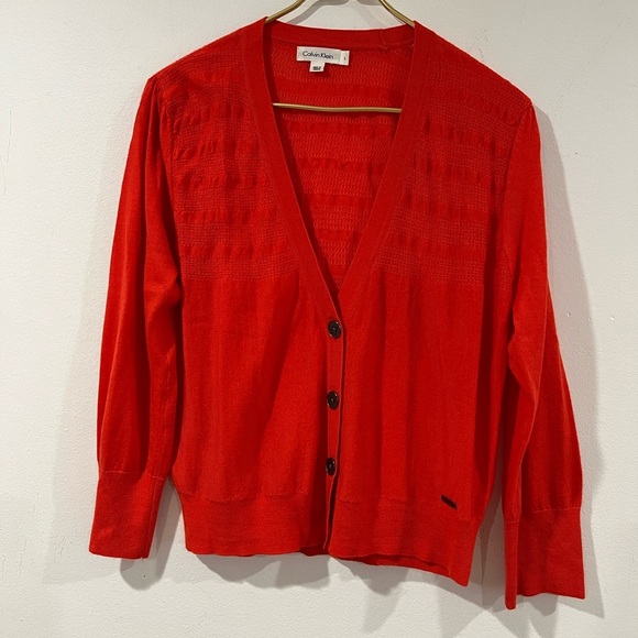 CALVIN KLEIN orange cardigan sweater size L logo and metal buttons - Picture 1 of 7